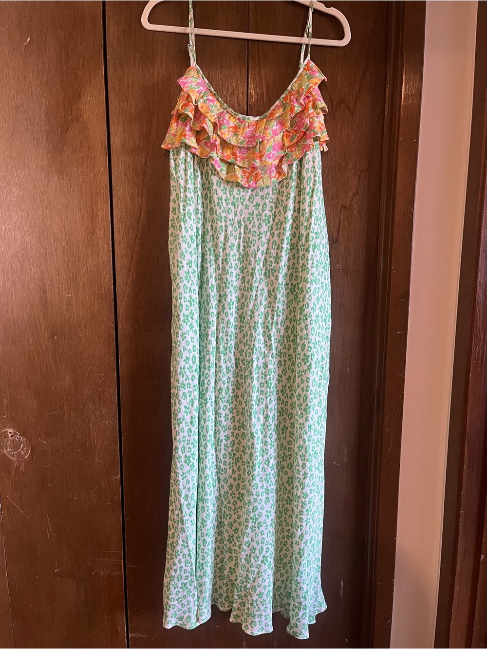 RIXO green and organ floral slip dress